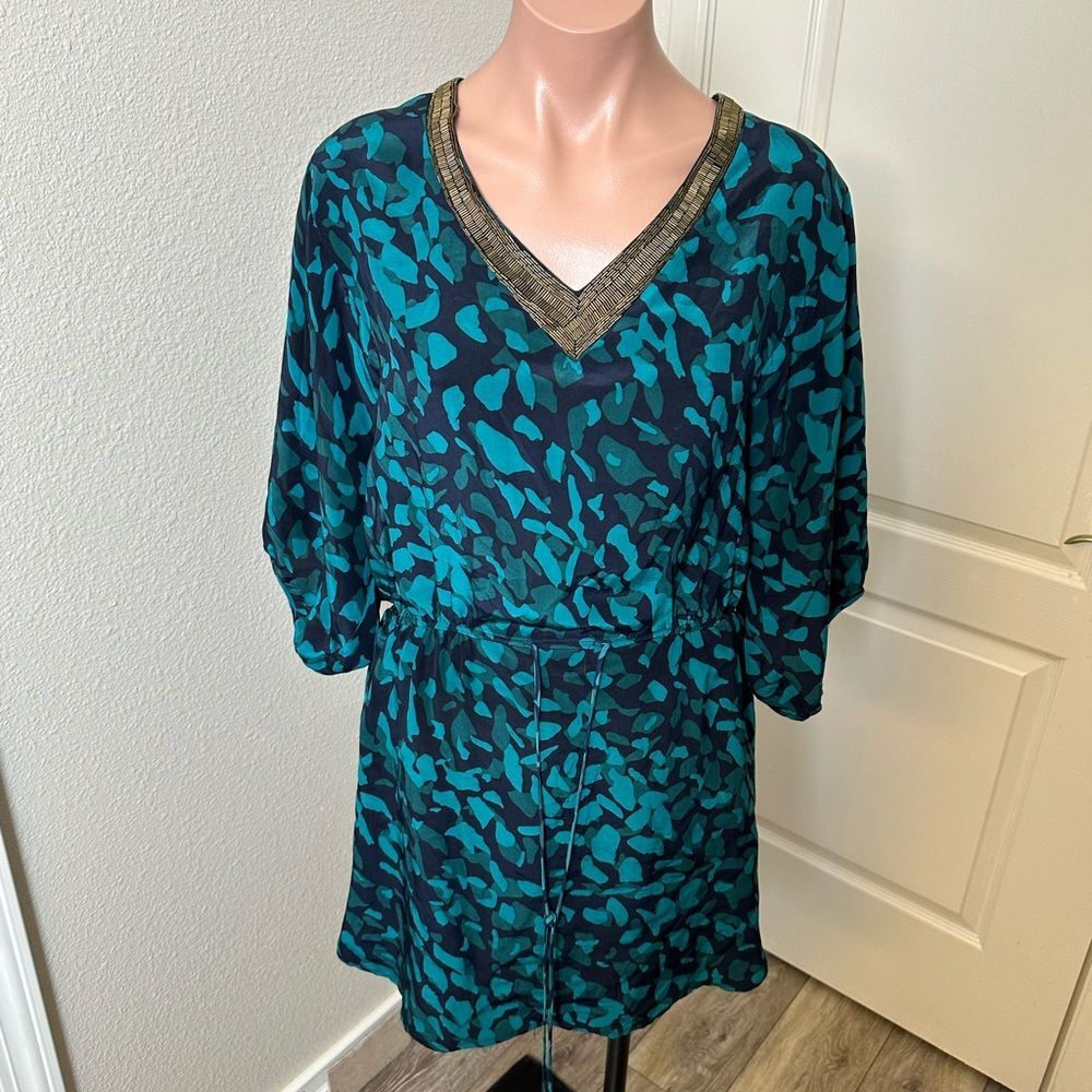 Akiko 100% Silk Teal and Black V-Neck Dress Sz S